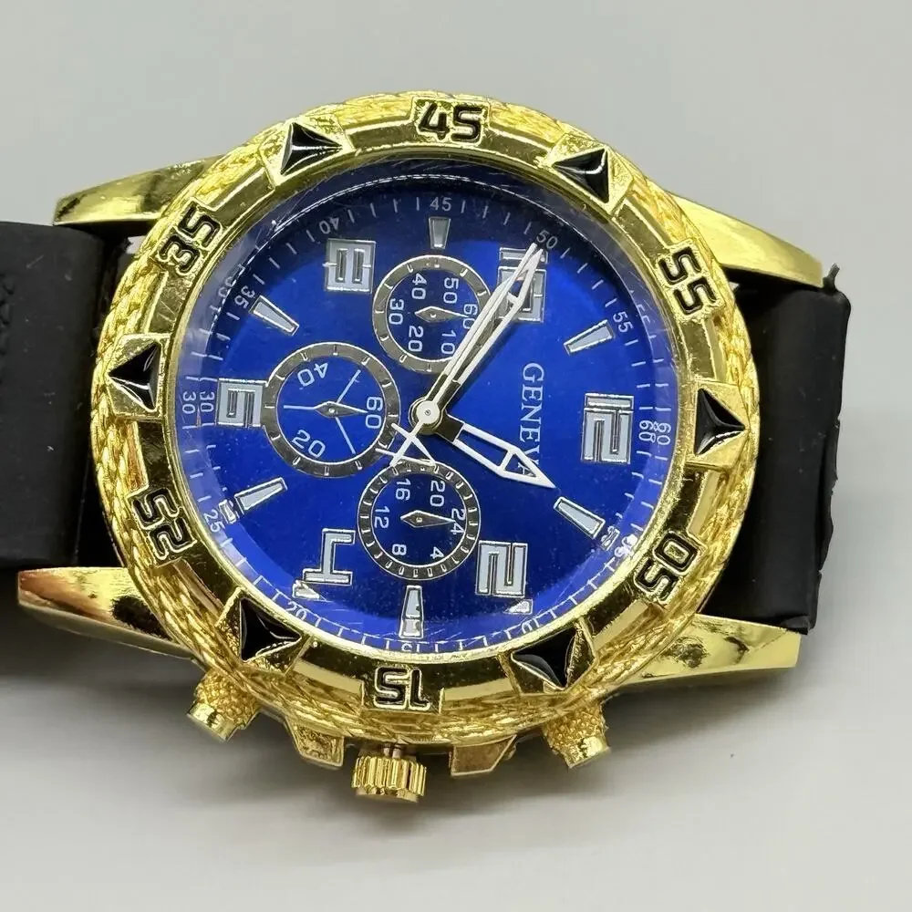 Geneva Mens Blue Dial Chronograph Style Watch Black Silicone Sport Band
